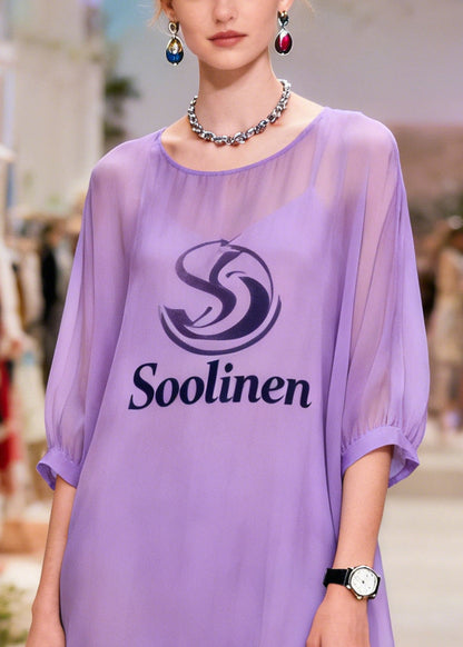 Purple Print Draping Chiffon Long Dresses Summer