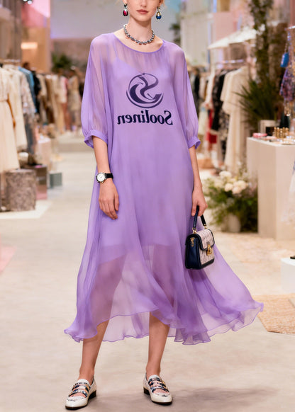 Purple Print Draping Chiffon Long Dresses Summer