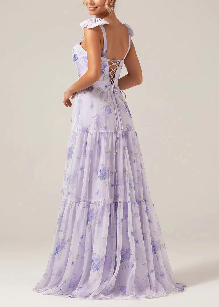 Purple Print Lace Up Chiffon Long Dress Summer