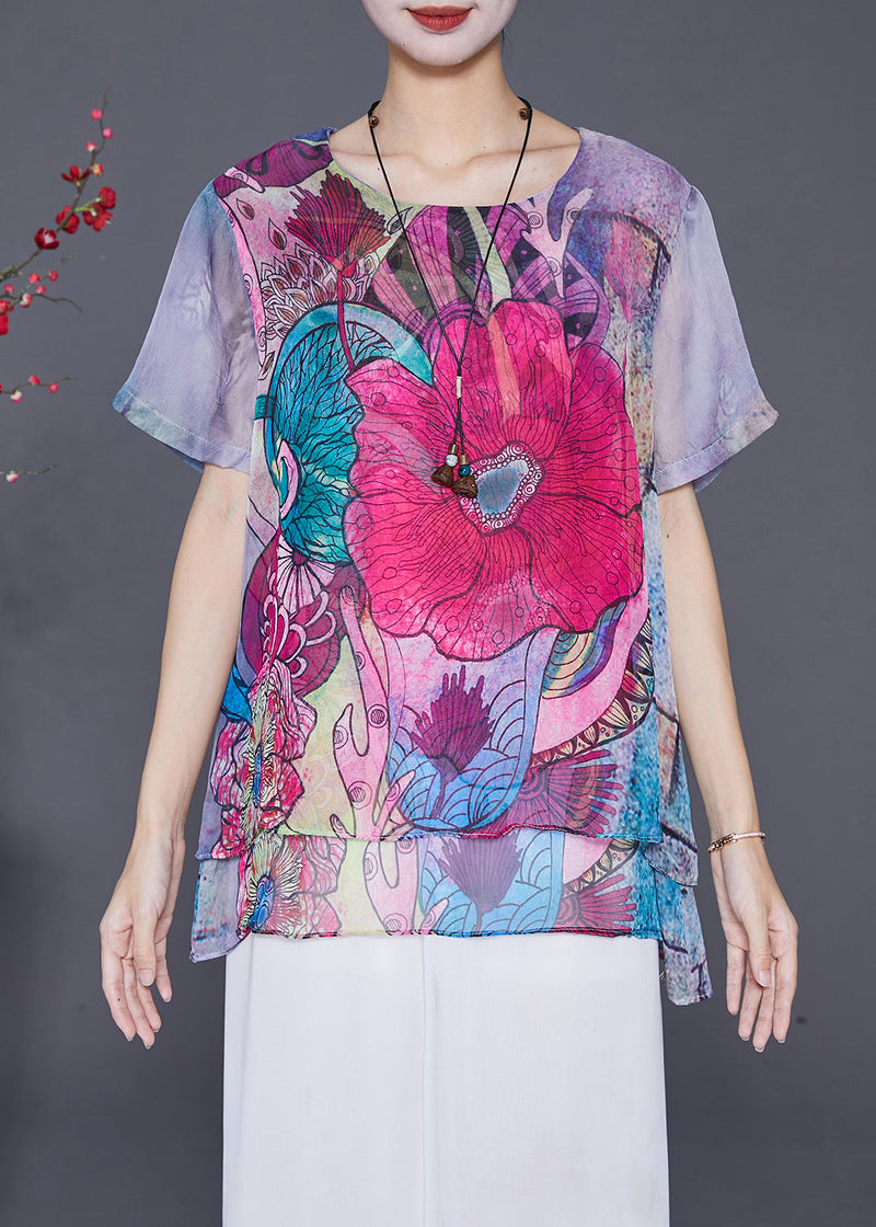Purple Print Patchwork Chiffon Top Summer