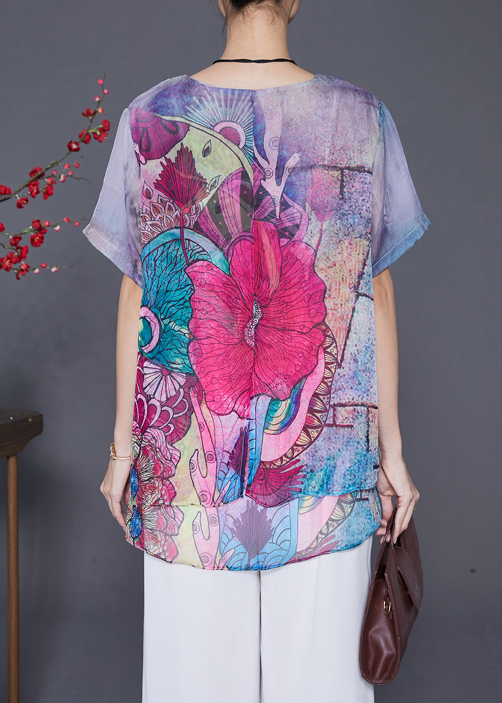 Purple Print Patchwork Chiffon Top Summer