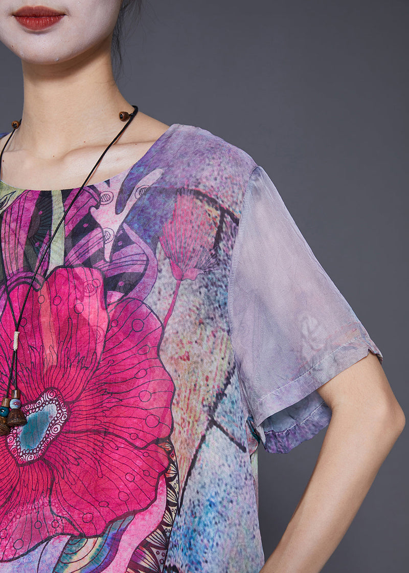 Purple Print Patchwork Chiffon Top Summer