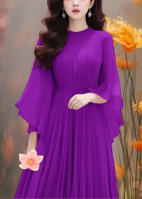Purple Wrinkled Chiffon Dresses Butterfly Sleeve