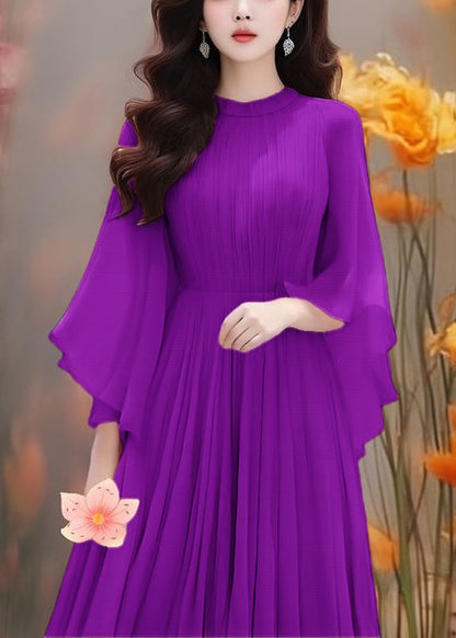 Purple Wrinkled Chiffon Dresses Butterfly Sleeve