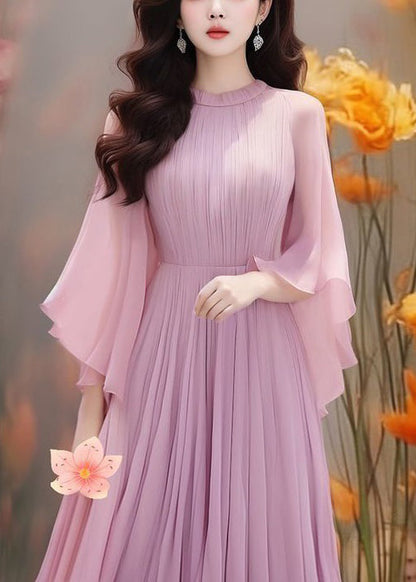 Purple Wrinkled Chiffon Dresses Butterfly Sleeve