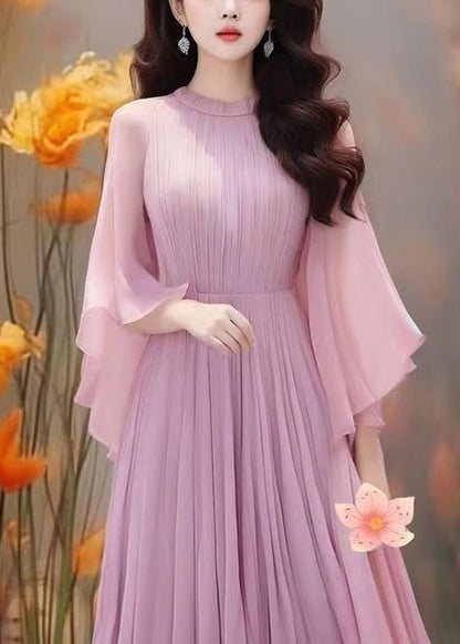 Purple Wrinkled Chiffon Dresses Butterfly Sleeve