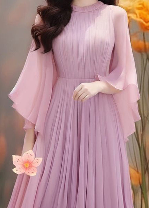 Purple Wrinkled Chiffon Dresses Butterfly Sleeve
