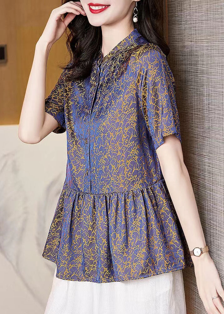 Purple Stand Collar Wrinkled Patchwork Chiffon Blouses Summer