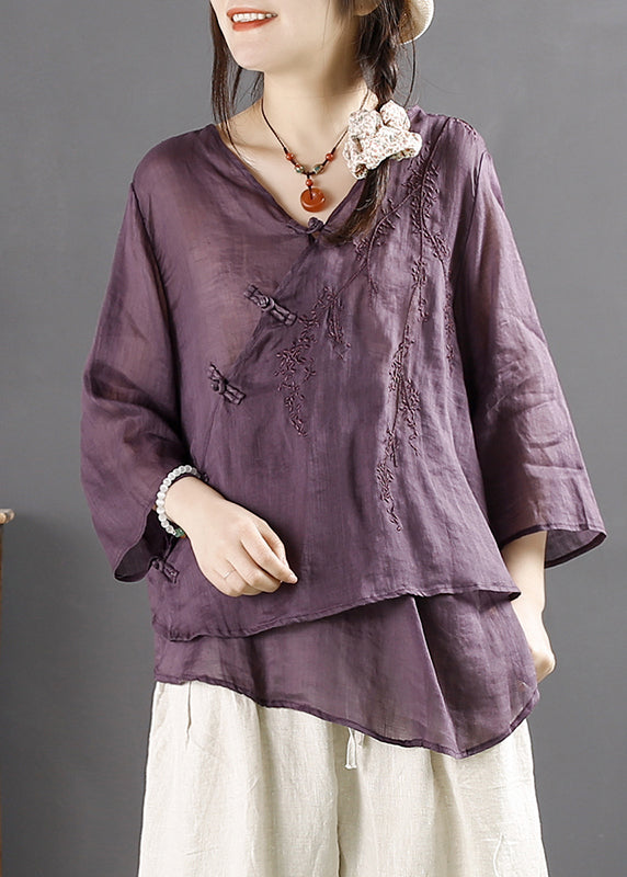 Purple V Neck Embroidered Chinese Button Linen Tops Summer