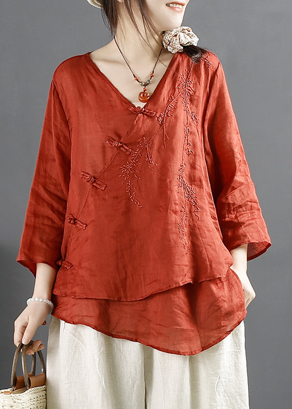 Purple V Neck Embroidered Chinese Button Linen Tops Summer