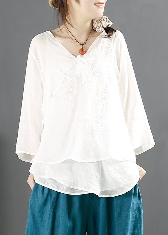 Purple V Neck Embroidered Chinese Button Linen Tops Summer