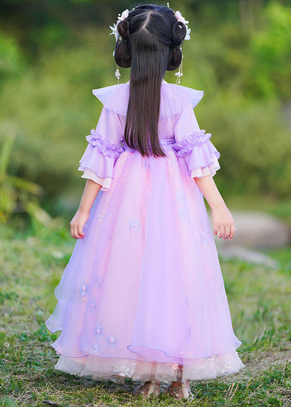 Purple V Neck Patchwork Embroideried Tie Waist Tulle Maxi Dress Half Sleeve