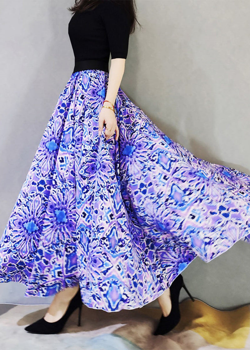 Purple Wrinkled Print Exra Large Hem Loose Cotton Skirts Spring