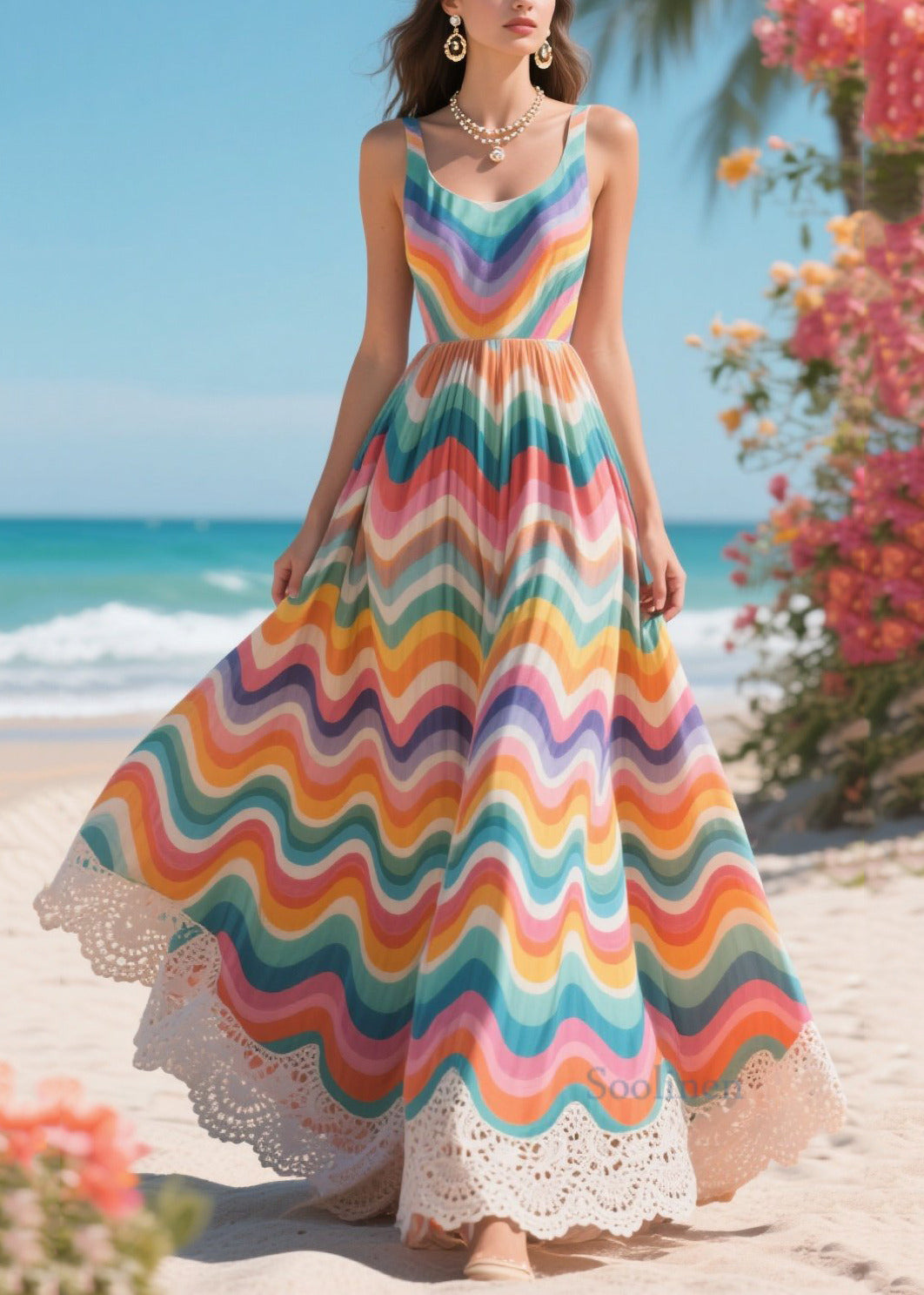 Rainbow Lace Patchwork Exra Large Hem Chiffon Sundress Summer