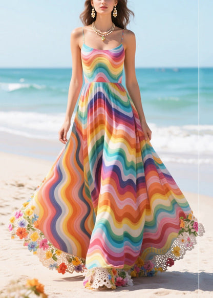 Rainbow Patchwork Flower Lace Chiffon Sundress Summer