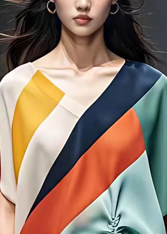 Rainbow Patchwork Tie Waist Beach Chiffon Shirts Short Sleeve