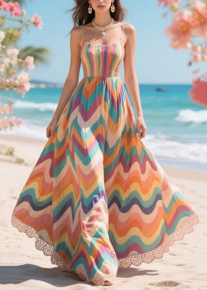 Rainbow Striped Exra Large Hem Chiffon Robe Dresses Summer