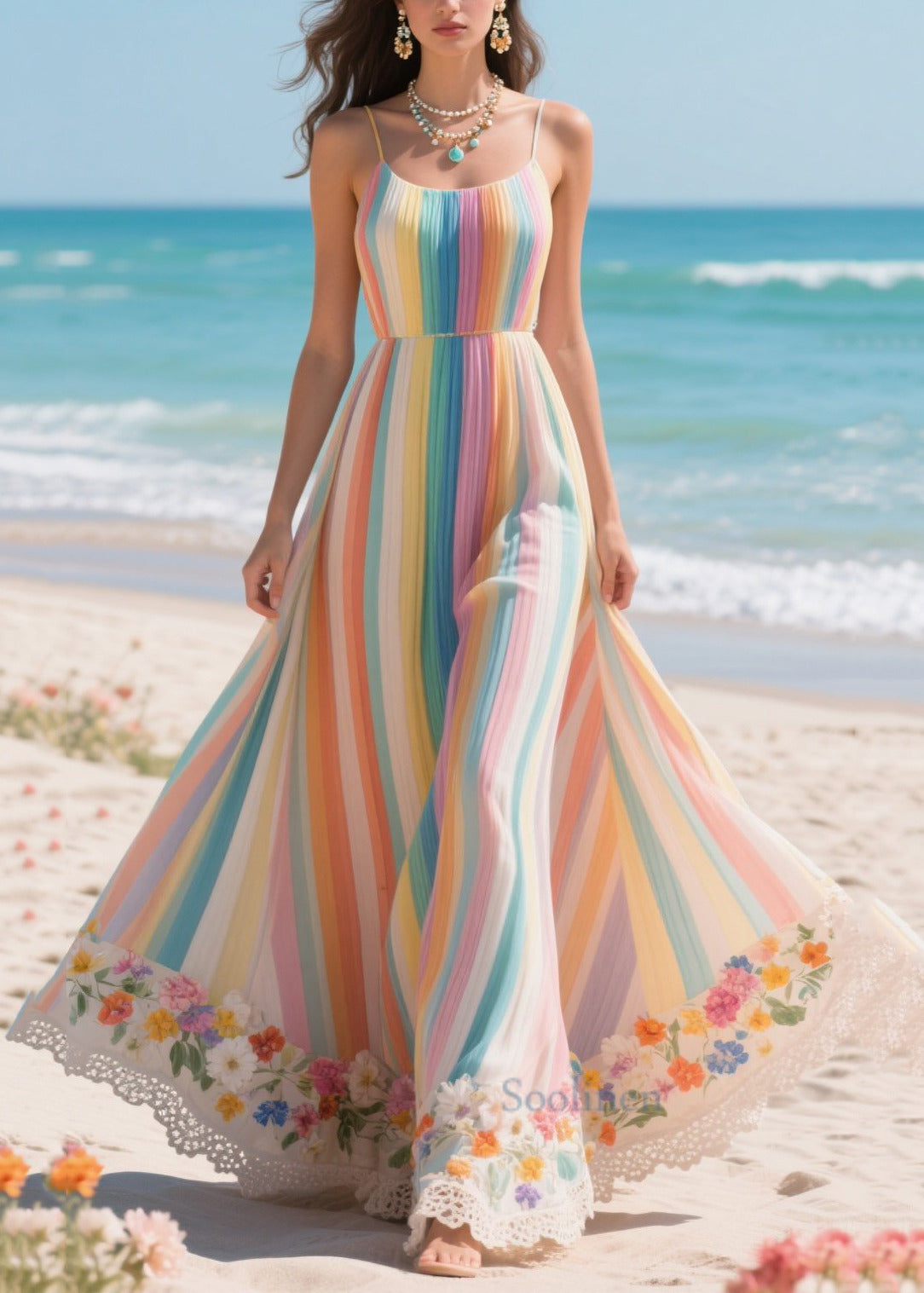 Rainbow Striped Patchwork Exra Large Hem Chiffon Holiday Dresses Summer