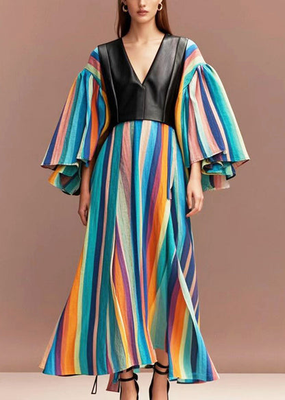 Rainbow Striped Patchwork Pu Cotton Maxi Dresses Flare Sleeve