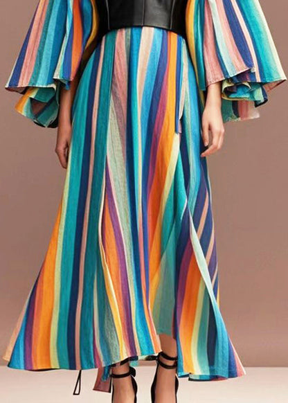 Rainbow Striped Patchwork Pu Cotton Maxi Dresses Flare Sleeve