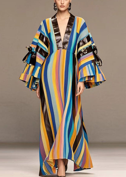 Rainbow Striped Patchwork Pu Rivet Cotton Maxi Dresses Spring