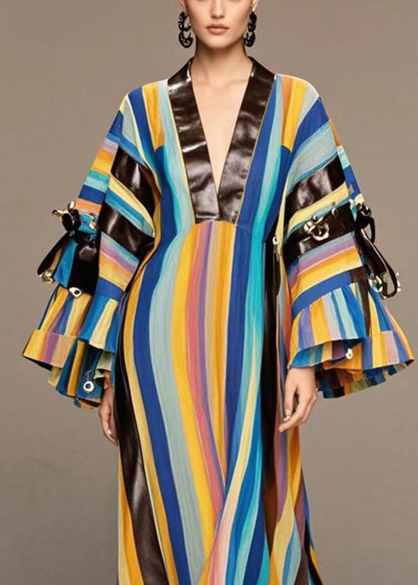 Rainbow Striped Patchwork Pu Rivet Cotton Maxi Dresses Spring