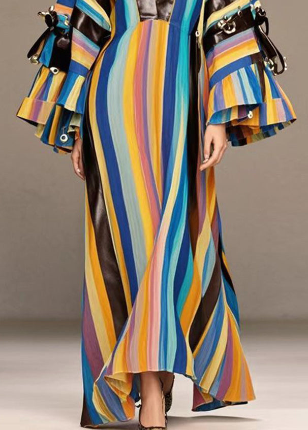 Rainbow Striped Patchwork Pu Rivet Cotton Maxi Dresses Spring