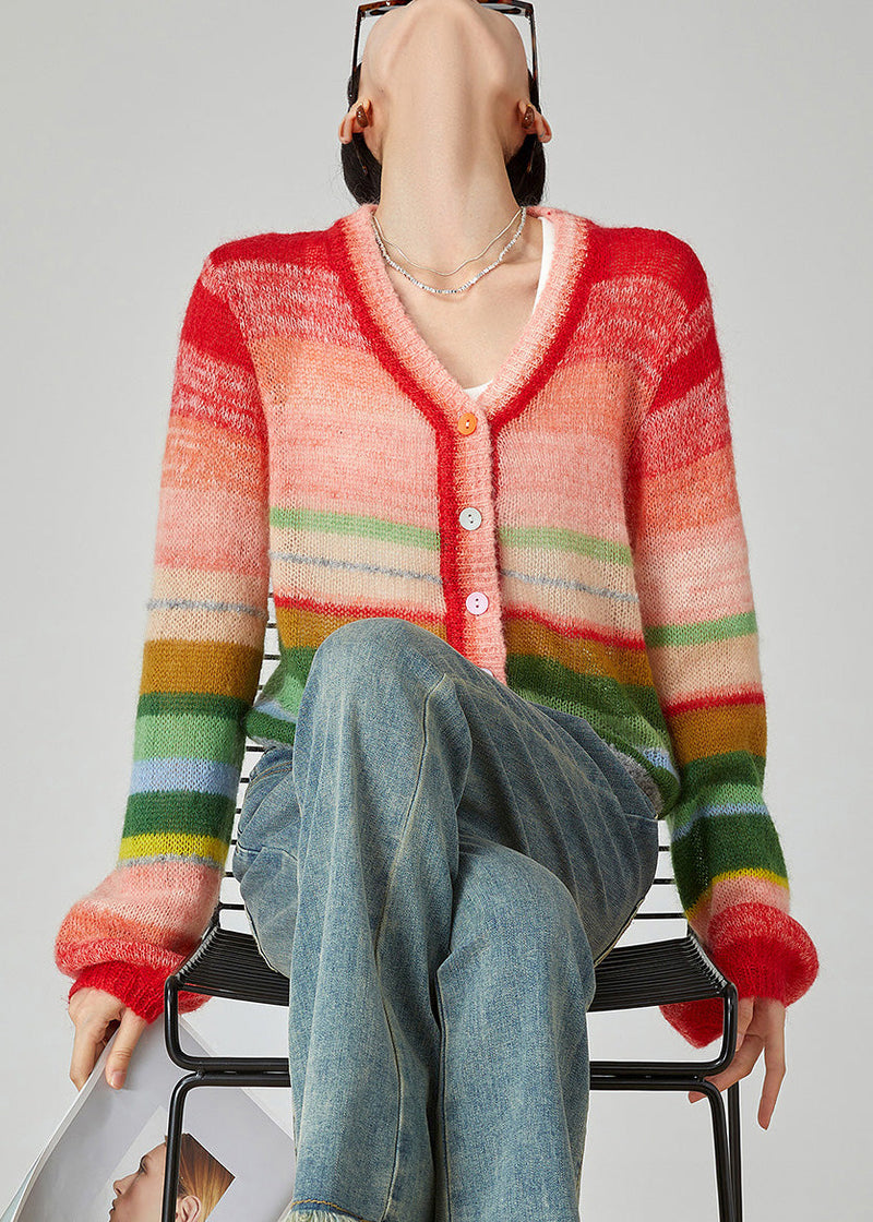 Rainbow V Neck Button Cotton Knit Cardigans Spring