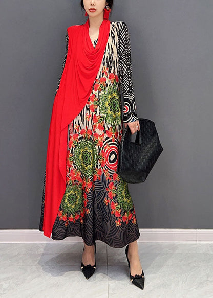 Red Asymmetrical Patchwork Print Maxi Dress Spring
