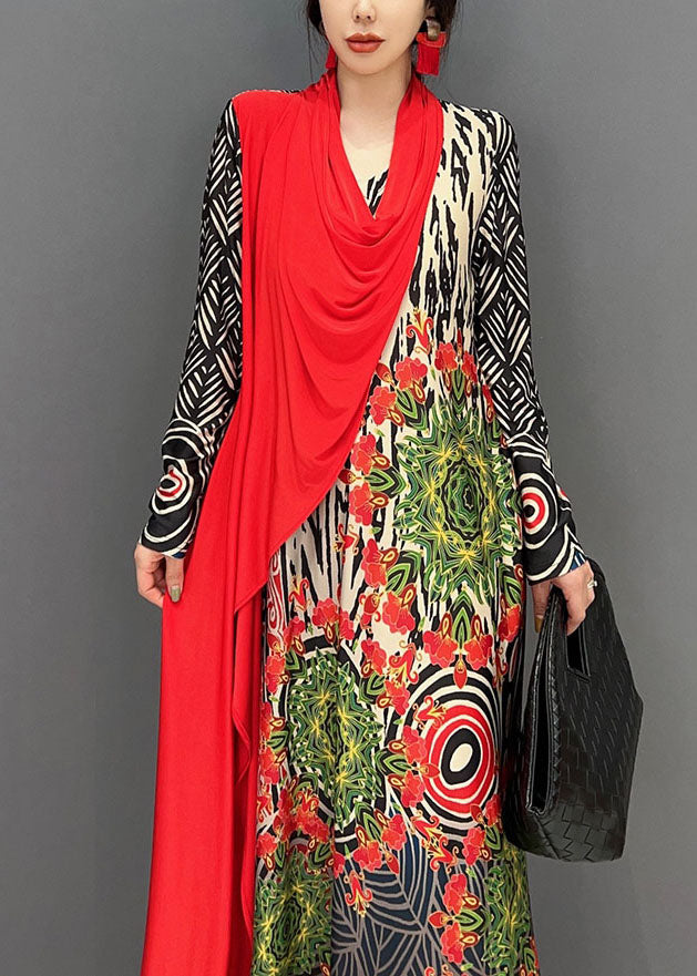 Red Asymmetrical Patchwork Print Maxi Dress Spring