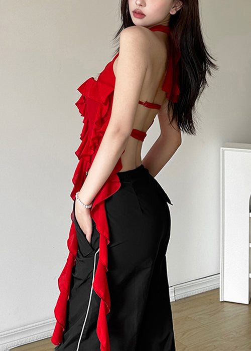 Red Backless Ruffled Cotton Tank Sleeveless