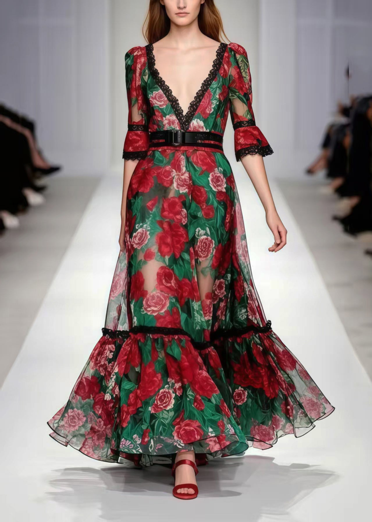 Red Deep-v Neck Print Chiffon Party Dress Summer