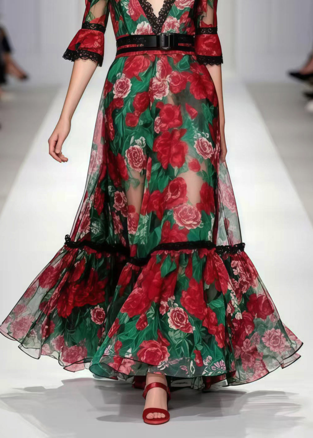 Red Deep-v Neck Print Chiffon Party Dress Summer
