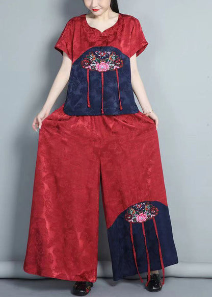Red Embroidered Tops and Pants Silk Two Piece Set Summer