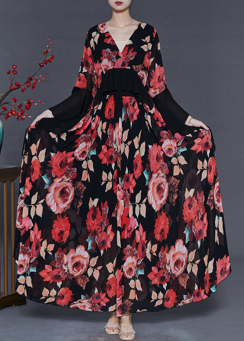 Red Patchwork Chiffon Maxi Dresses Spring