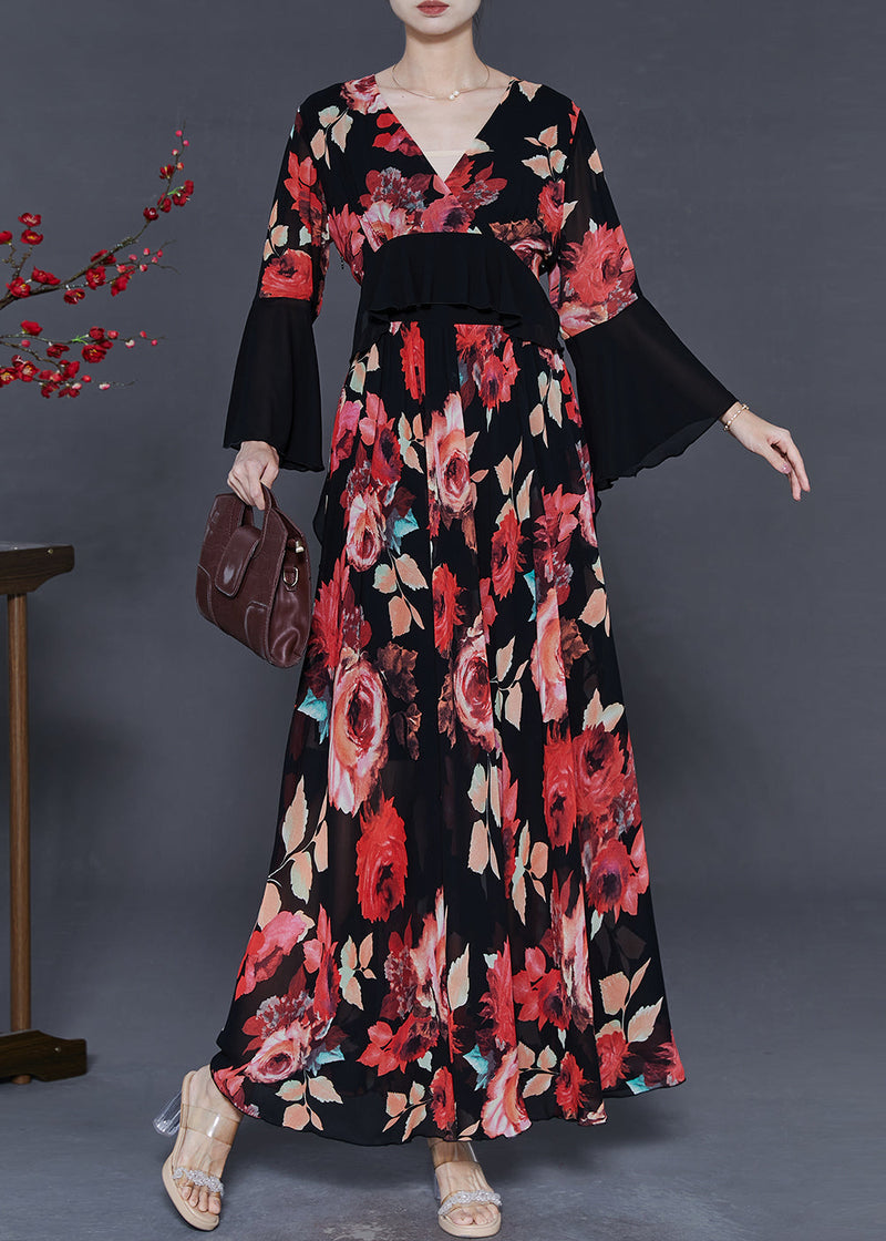 Red Patchwork Chiffon Maxi Dresses Spring