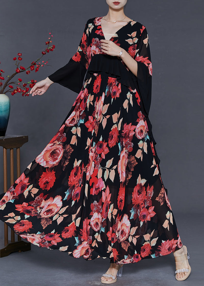 Red Patchwork Chiffon Maxi Dresses Spring