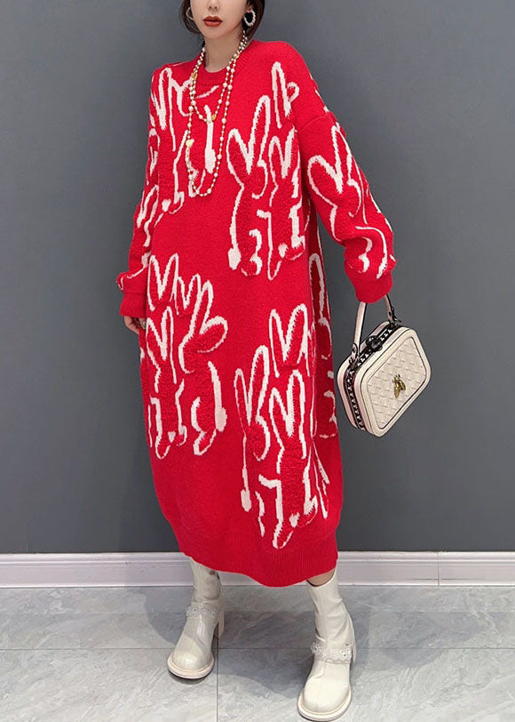 Red O Neck Animal Jacquard Knit Sweater Dress Winter