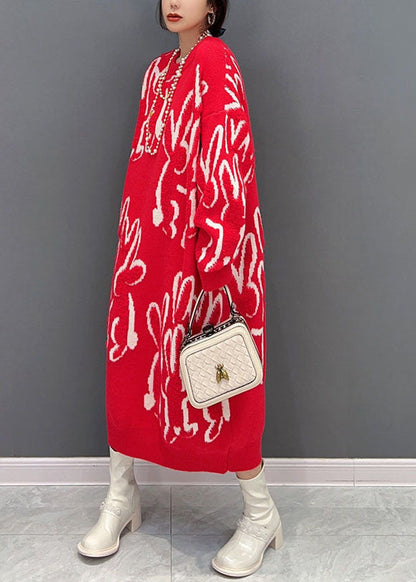 Red O Neck Animal Jacquard Knit Sweater Dress Winter