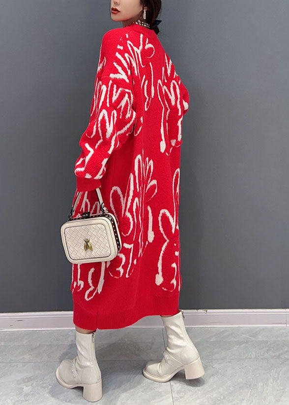 Red O Neck Animal Jacquard Knit Sweater Dress Winter