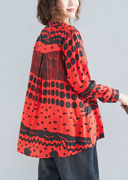 Boho Red O-Neck Button Print Pockets Fall Blouses Long sleeve