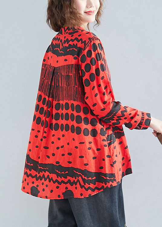 Red O-neck Button Print Pockets Fall Blouses Long Sleeve