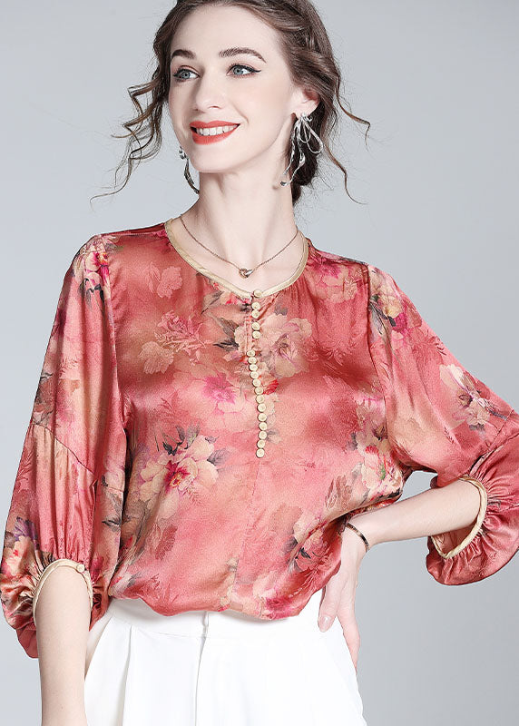 Red O Neck Print Silk Blouse Top Bracelet Sleeve