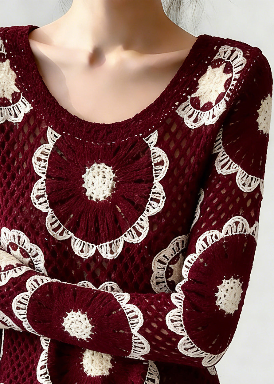 Boho Red O-Neck Hollow Out Knit Top Spring