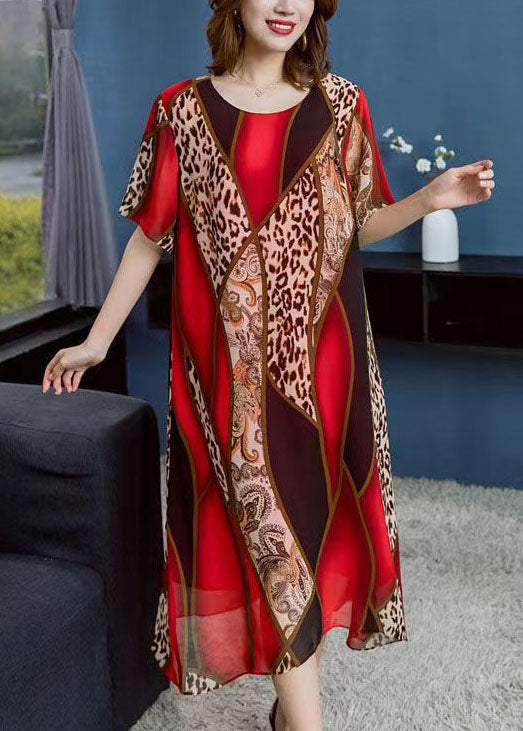 Red O Neck Leopard Print Patchwork Chiffon Dress Summer
