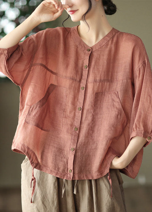 Red O-neck Oversized Pockets Linen Blouses Bracelet Sleeve