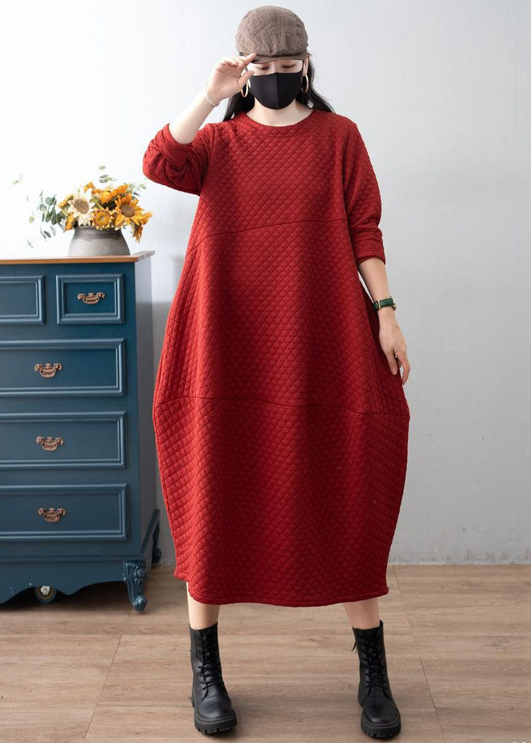 Red O-neck Patchwork Plaid Warm Fleece Dress Winter