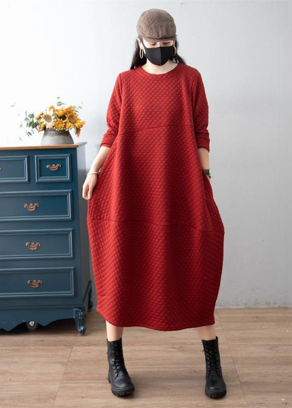Red O-neck Patchwork Plaid Warm Fleece Dress Winter