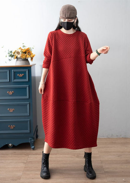 Red O-neck Patchwork Plaid Warm Fleece Dress Winter