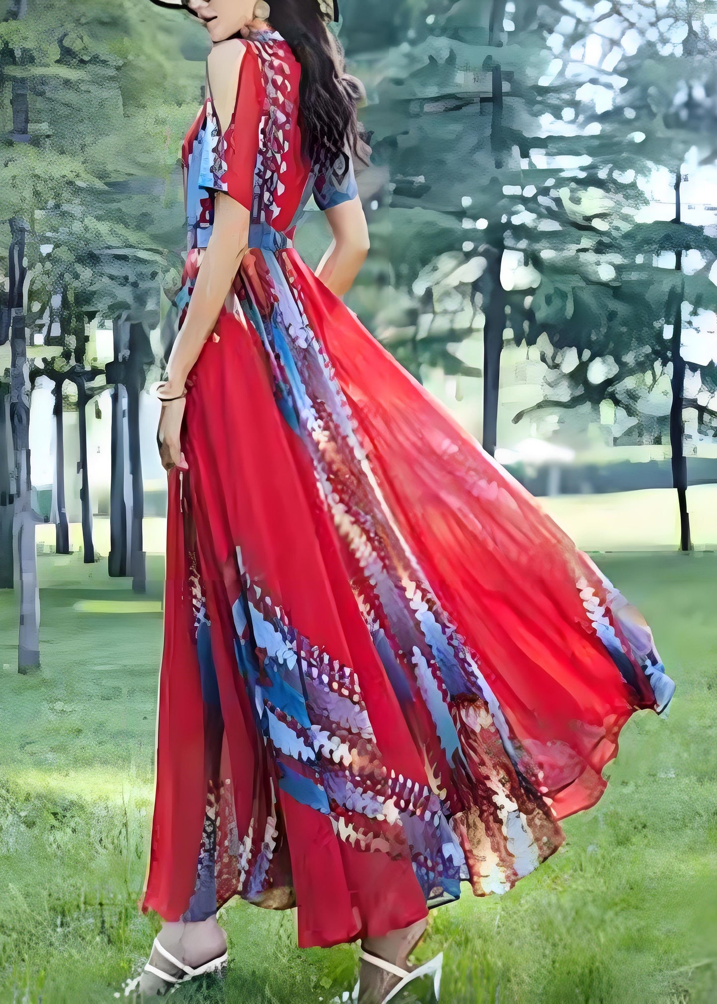 Red O Neck Print Chiffon Long Dress Summer